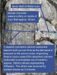 The inside of the duct wall concrete waterproofing was painted red so that in the heyday of the use of the aqueduct the Circitores could tell when they had scraped sufficient sinter away from the inside of the duct.