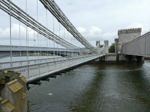 Telford's Suspension Bridge and Stephenson's Box Railway Bridge over the River Conwy