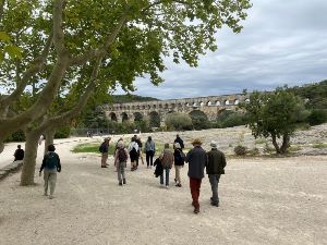 Voyagers approaching the Pont du Gard Aqueduct built by the Romans in the middle of the first century CE of dry stone construction using Shelly Limestone. The Pont du Gard is part of a 51km aqueduct carrying water from the Fontaine d'Eure near Uzés to the citizens of Nîmes.