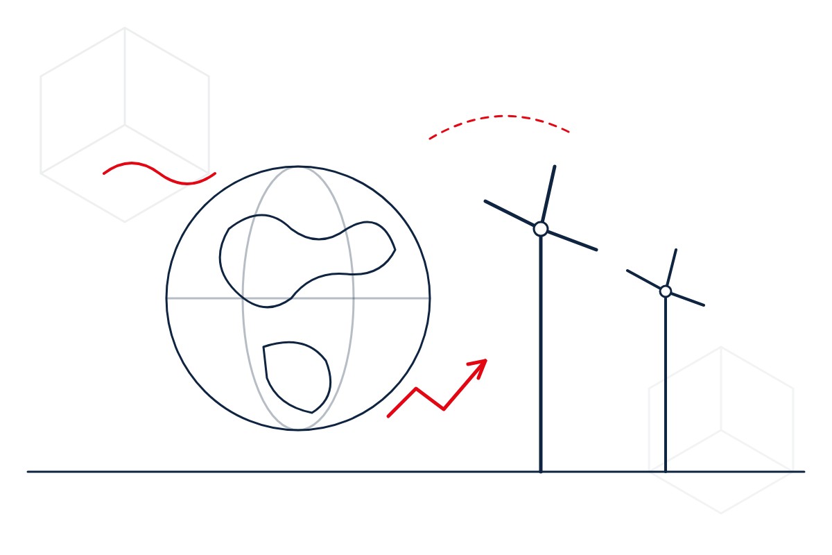 Line drawing of a globe, wind turbines and a rising red arrow, in the IESF logo style