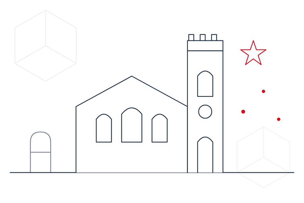 Line drawing of St Margaret's Church, Westminster, with a red star, in the IESF logo style