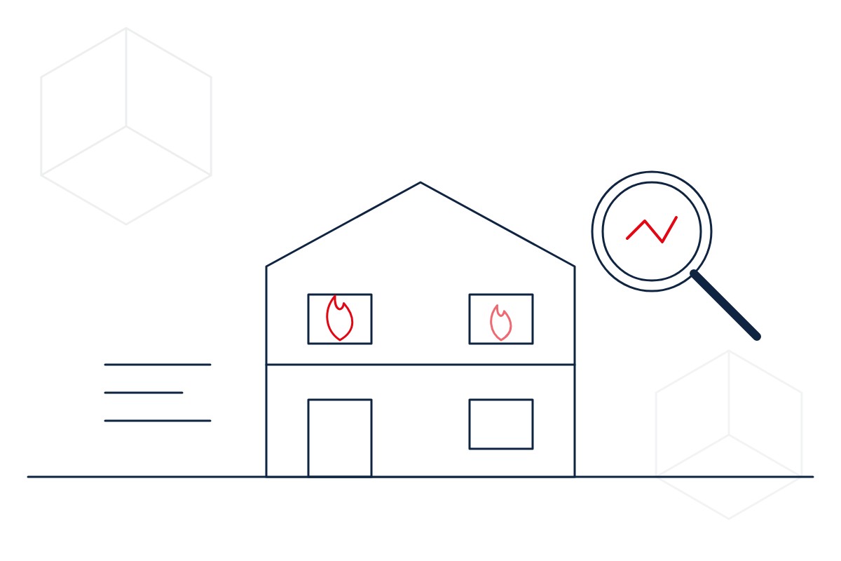 Line drawing of a building with fires in two windows and a magnifying glass, in the IESF logo style
