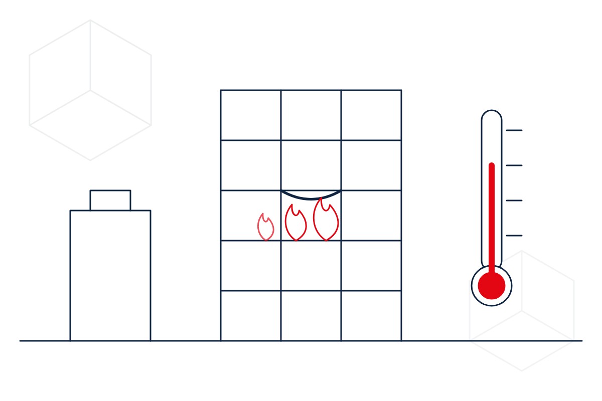 Line drawing of a steel building frame with fire on one floor, a sagging beam and a thermometer, in the IESF logo style