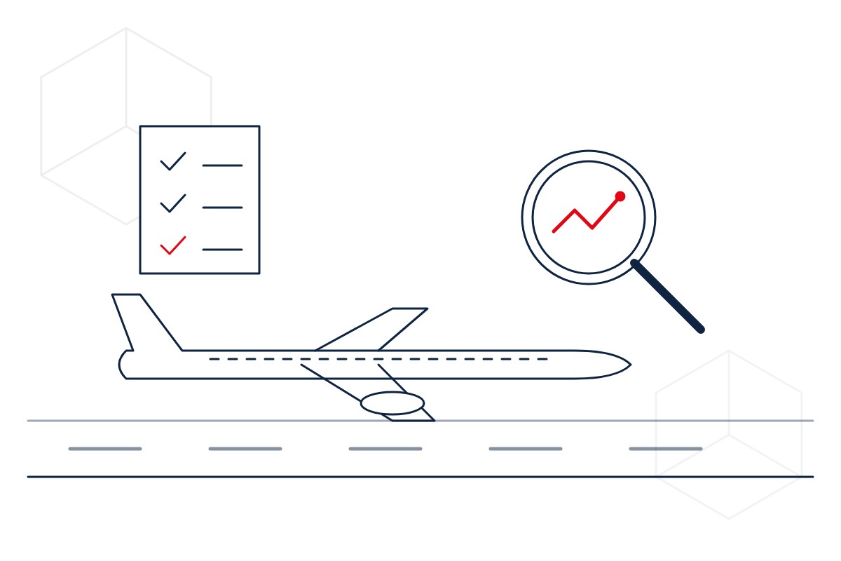Line drawing of an airliner on a runway with a magnifying glass and a checklist, in the IESF logo style