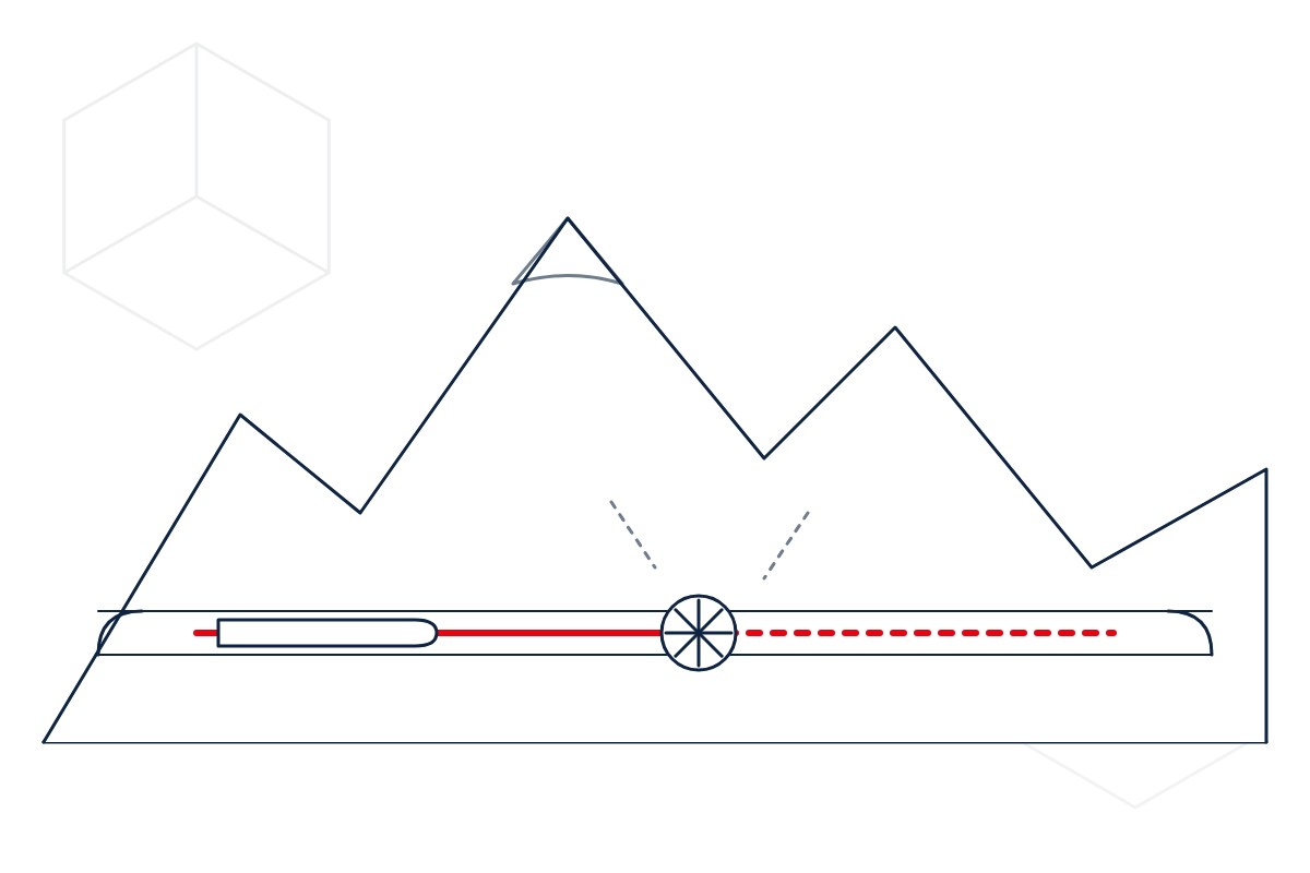 Line drawing of a rail tunnel bored through a mountain range with a tunnel boring machine, in the IESF logo style