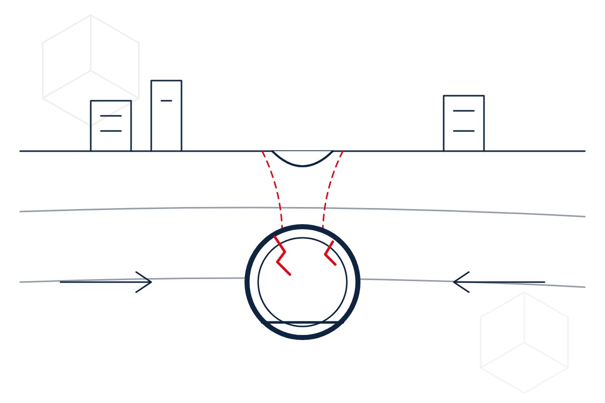 Line drawing of a tunnel in cross-section with a cracked lining and ground settling above, in the IESF logo style