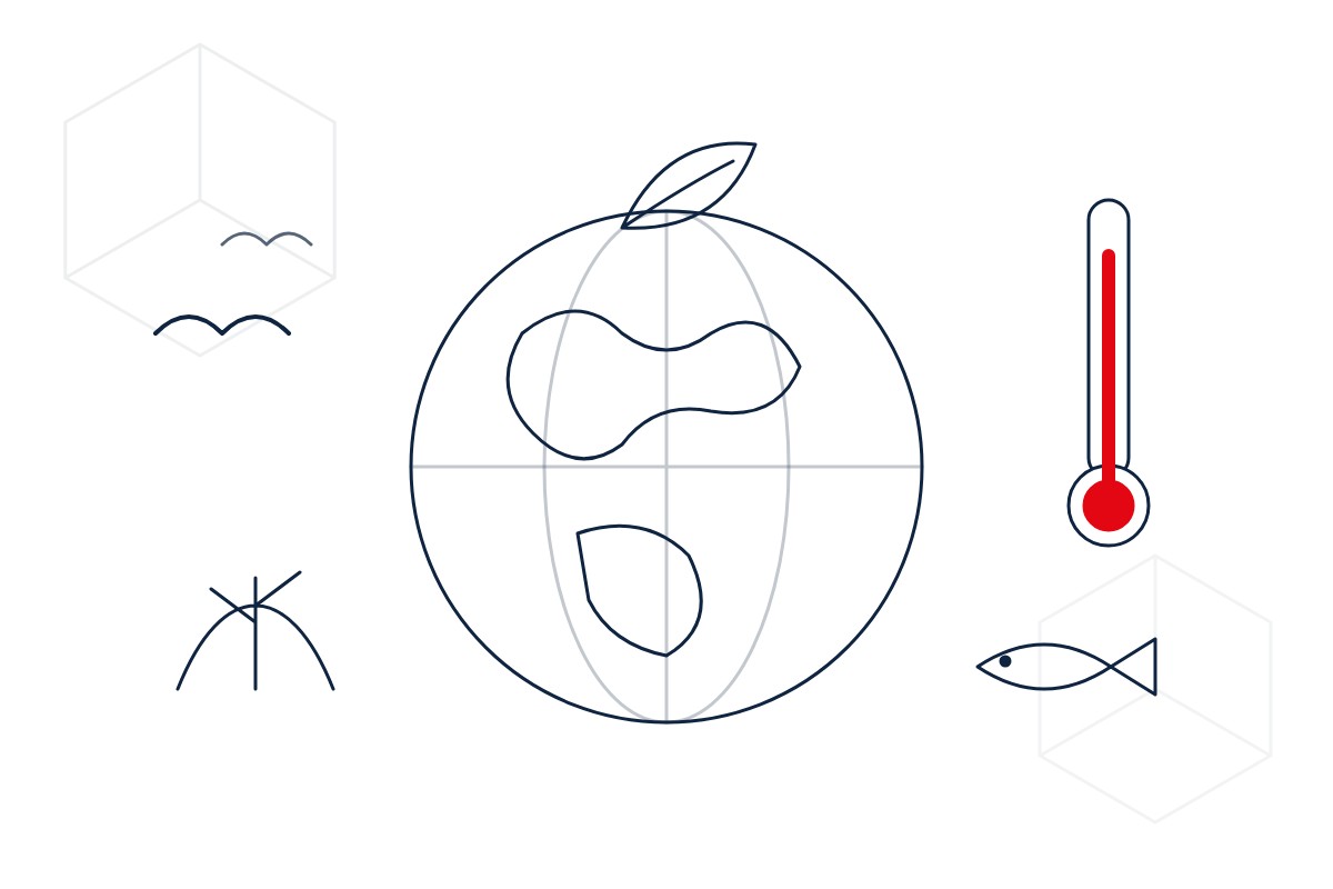 Line drawing of a globe with a leaf, birds, a fish and a thermometer, in the IESF logo style