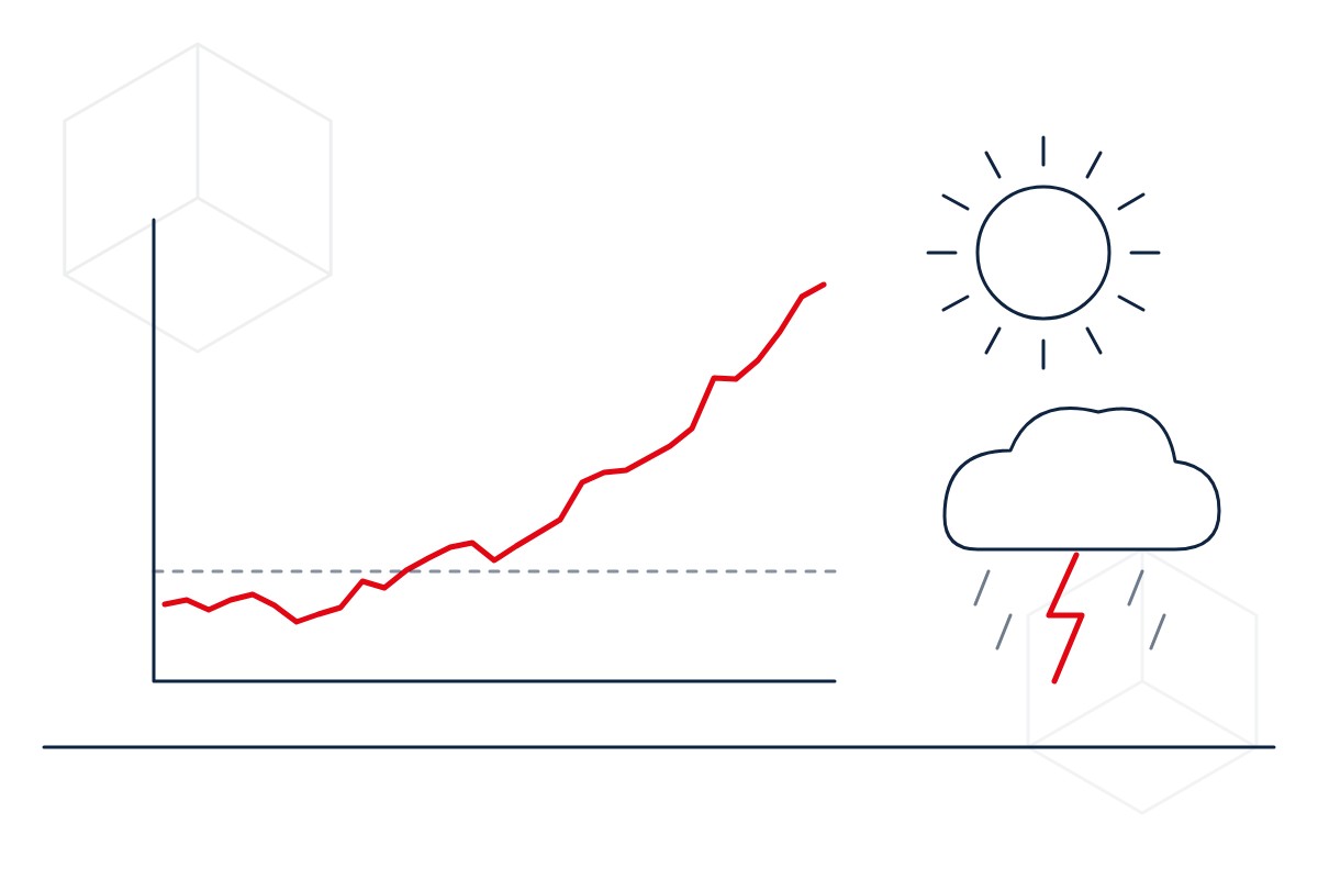 Line drawing of a rising red temperature line beside a sun and a storm cloud, in the IESF logo style