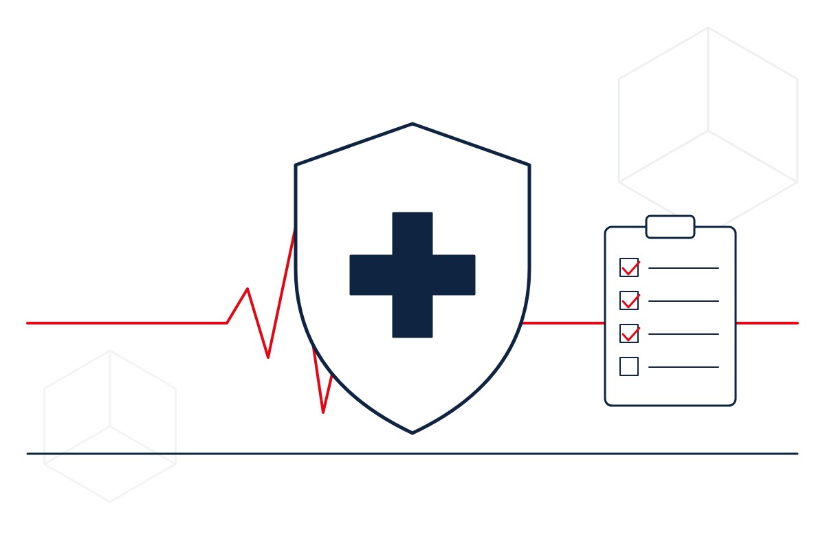 Line drawing in IESF navy and red of a shield with a medical cross, a heartbeat trace and a clipboard checklist
