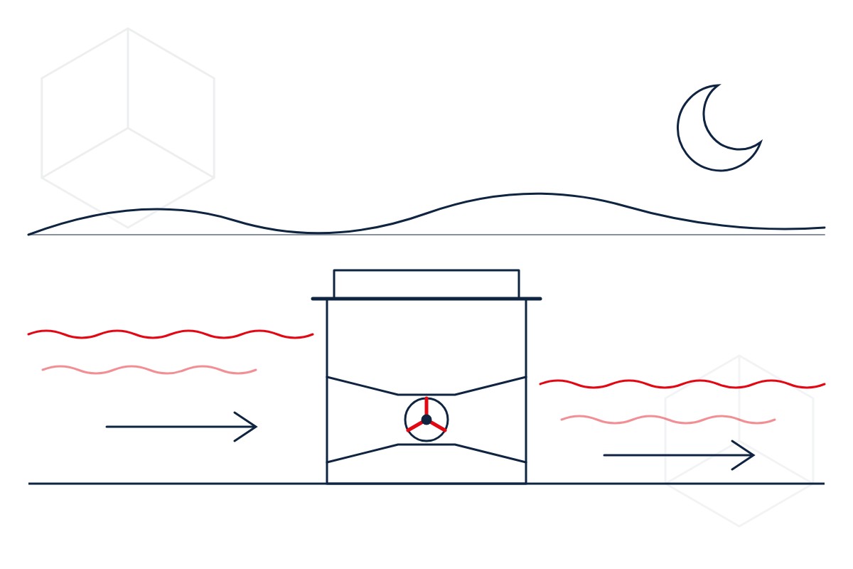 Line drawing in IESF navy and red of a tidal barrage with a turbine in its duct, water flowing through, a coastline and the moon