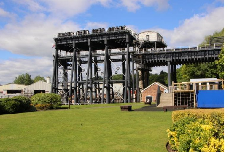 The black iron framework of the Anderton Boat Lift on a sunny day
