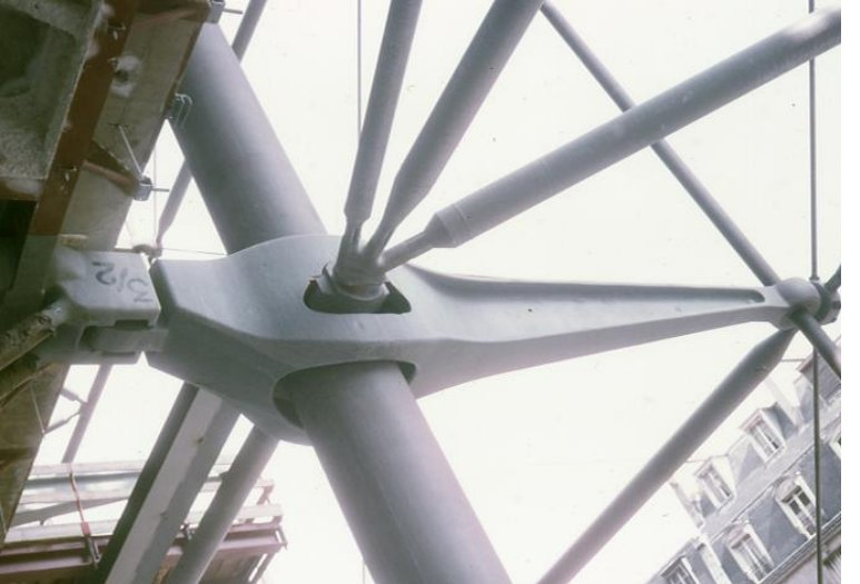 Close-up of a cast steel gerberette and its connecting tie rods on the Centre Pompidou, Paris
