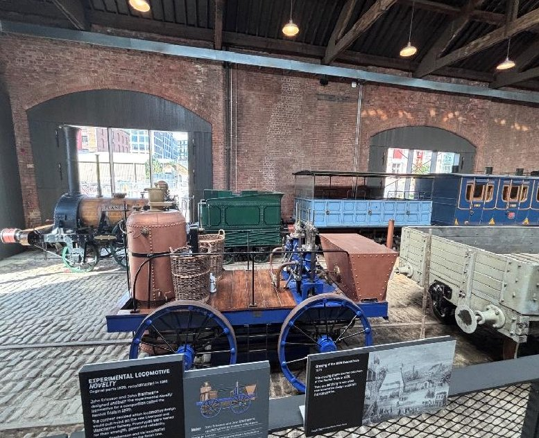 The reconstructed 1829 locomotive Novelty on display in the Power Hall
