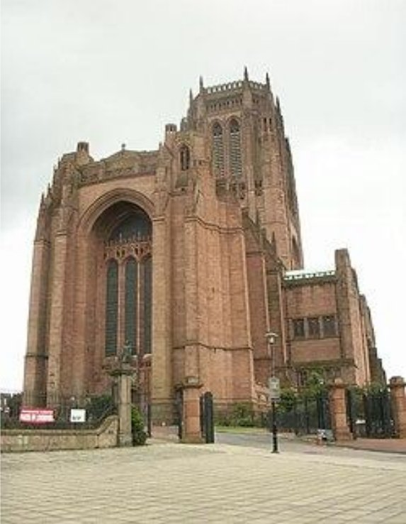 The red sandstone tower and west front of Liverpool Anglican Cathedral