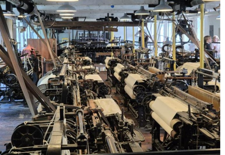 Rows of working power looms in the weaving shed at Quarry Bank Mill